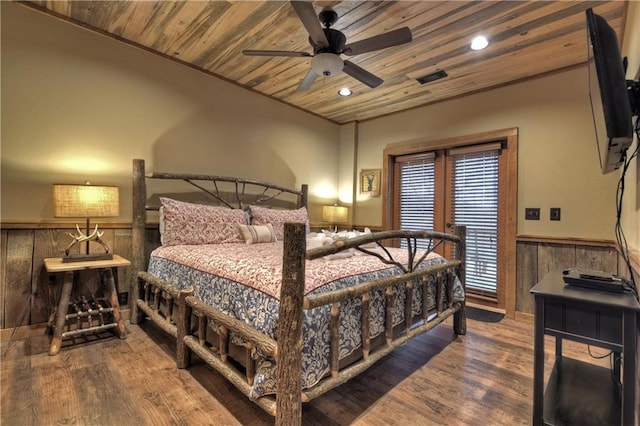 bedroom featuring ceiling fan, wooden ceiling, wood walls, and wood-type flooring