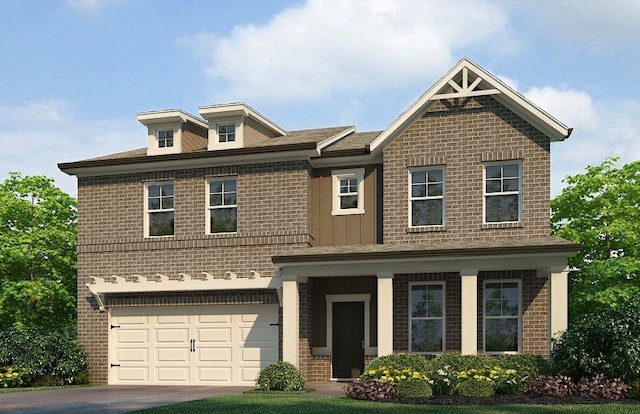craftsman-style house featuring brick siding, board and batten siding, concrete driveway, and an attached garage