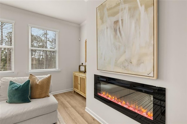 sitting room with a glass covered fireplace, light wood-type flooring, ornamental molding, and baseboards