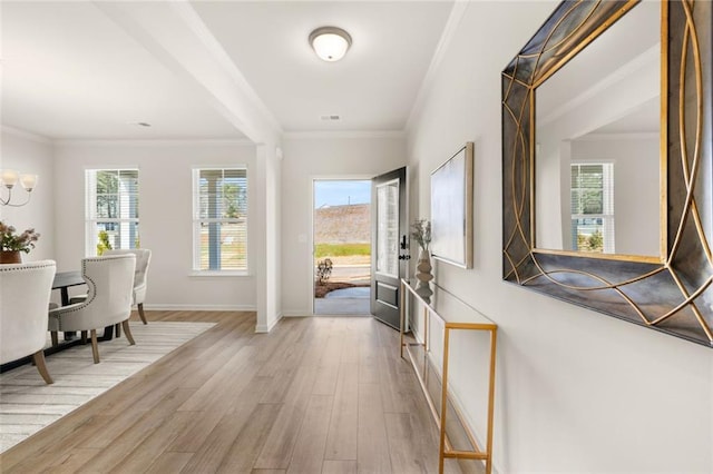 foyer entrance featuring crown molding, a wealth of natural light, wood finished floors, and baseboards