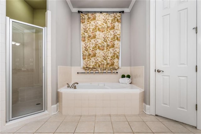 bathroom with tile patterned flooring, separate shower and tub, and crown molding