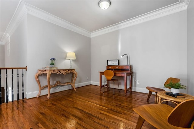 living area featuring dark hardwood / wood-style floors and crown molding