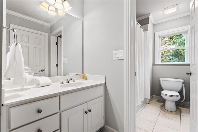 bathroom with tile patterned floors, vanity, crown molding, a chandelier, and toilet