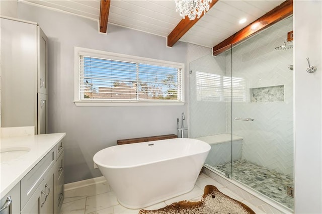 full bathroom with vanity, beam ceiling, a soaking tub, and a stall shower