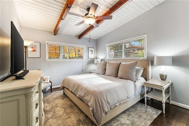 bedroom featuring a ceiling fan, wood finished floors, baseboards, lofted ceiling with beams, and wood ceiling