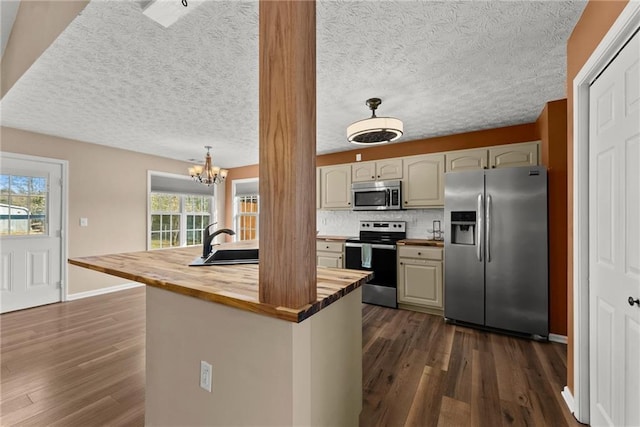 kitchen with appliances with stainless steel finishes, dark hardwood / wood-style flooring, sink, and wooden counters