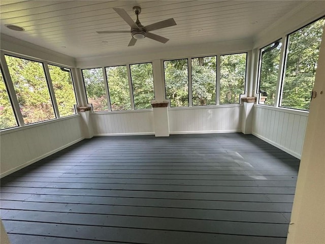 unfurnished sunroom featuring a wealth of natural light and ceiling fan