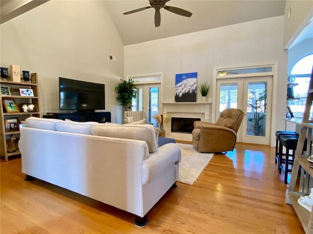 living room with light hardwood / wood-style flooring, french doors, and a healthy amount of sunlight