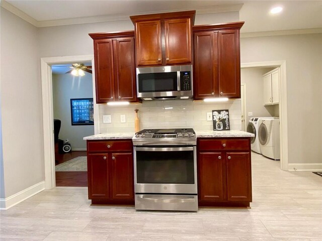 kitchen with sink, ornamental molding, light stone countertops, kitchen peninsula, and light wood-type flooring