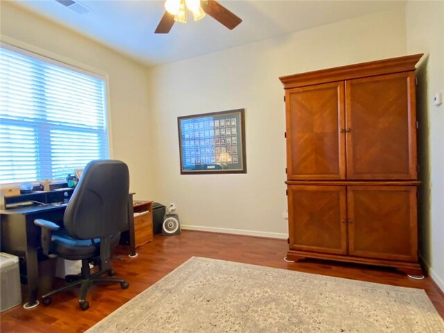 bathroom featuring tile patterned flooring, vanity, ceiling fan, and toilet