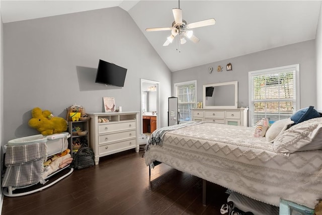 2691 Bald Cypress Dr, Braselton, GA 30517 - bedroom with high vaulted ceiling, dark wood-style floors, and a ceiling fan