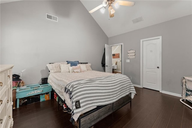 2691 Bald Cypress Dr, Braselton, GA 30517 - bedroom with dark wood-style floors, high vaulted ceiling, and a ceiling fan