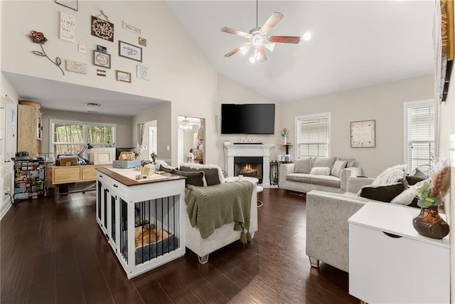 2691 Bald Cypress Dr, Braselton, GA 30517 - living room with a ceiling fan, a lit fireplace, high vaulted ceiling, and dark wood finished floors