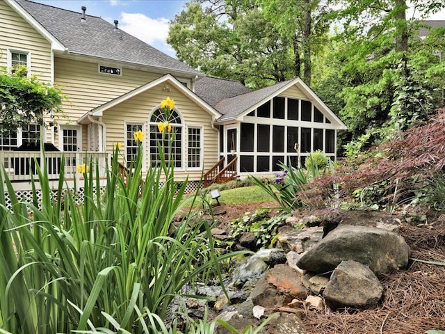 rear view of property featuring a sunroom and roof with shingles