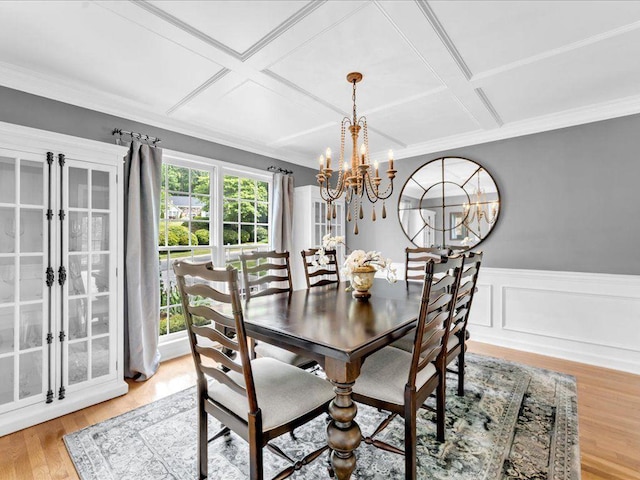 dining room with coffered ceiling, a chandelier, ornamental molding, wainscoting, and light wood-style floors