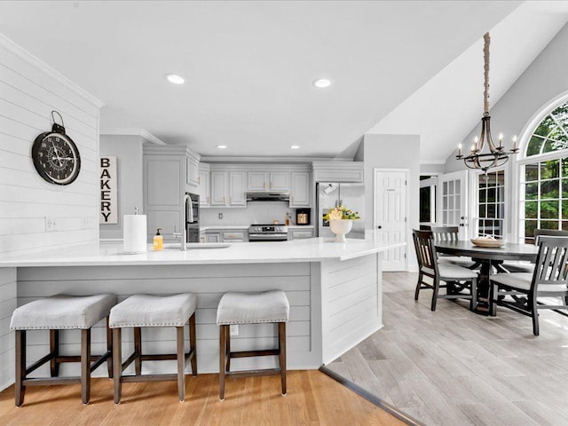 kitchen with stainless steel appliances, a peninsula, under cabinet range hood, light countertops, and a chandelier