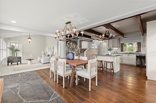 467 Liberty Grove Rd, Alpharetta, GA 30004 - dining area with a chandelier, dark wood-style floors, beam ceiling, and recessed lighting