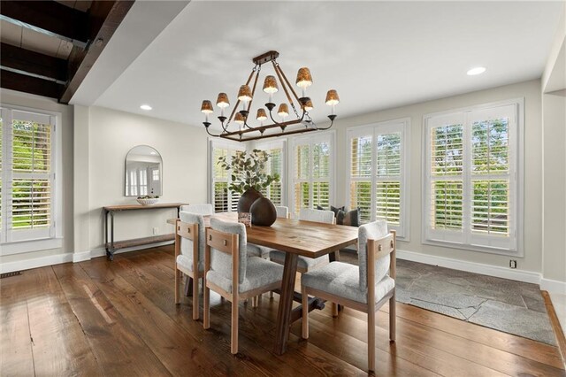 467 Liberty Grove Rd, Alpharetta, GA 30004 - dining room featuring dark wood-style floors, baseboards, a chandelier, and recessed lighting