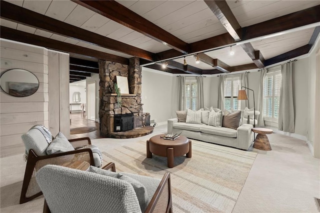 467 Liberty Grove Rd, Alpharetta, GA 30004 - carpeted living area with wood ceiling with exposed beams and baseboards