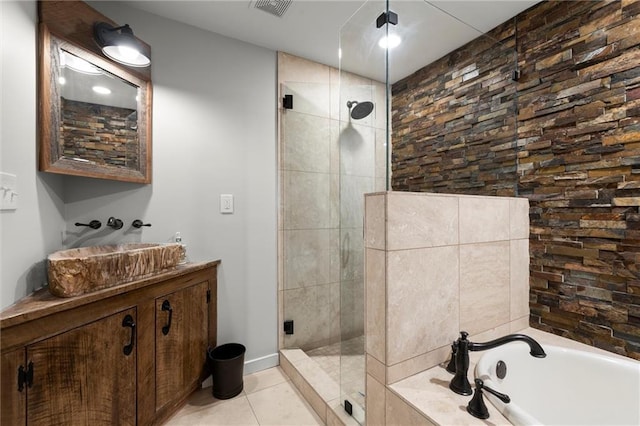 467 Liberty Grove Rd, Alpharetta, GA 30004 - bathroom featuring a shower stall, a bath, vanity, tile patterned floors, and baseboards