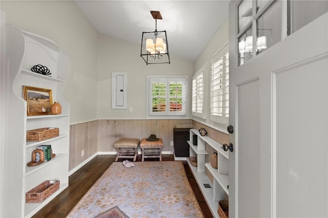 467 Liberty Grove Rd, Alpharetta, GA 30004 - mudroom featuring lofted ceiling, dark wood-style flooring, a chandelier, a wainscoted wall, and electric panel