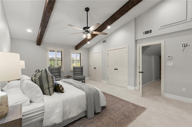 467 Liberty Grove Rd, Alpharetta, GA 30004 - bedroom with two closets, light carpet, beamed ceiling, baseboards, and recessed lighting