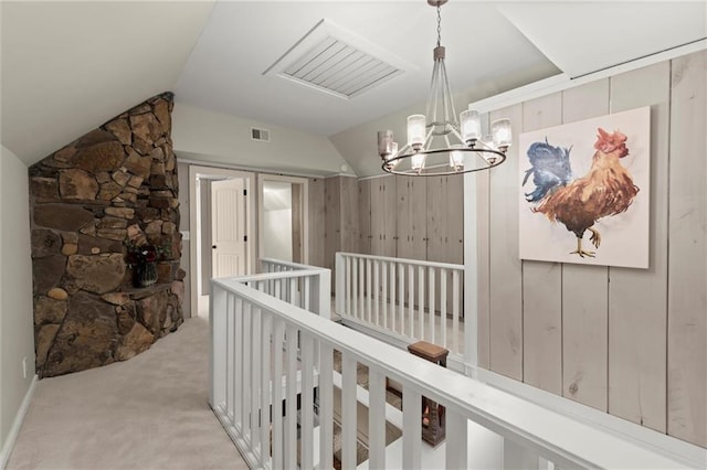 467 Liberty Grove Rd, Alpharetta, GA 30004 - hall featuring a chandelier, light carpet, vaulted ceiling, and an upstairs landing