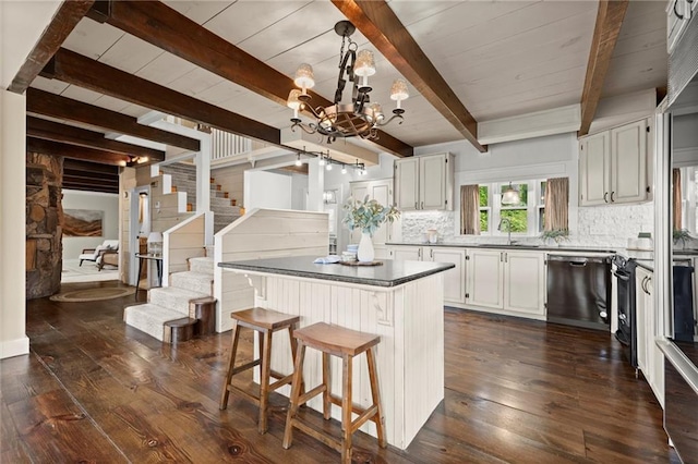 467 Liberty Grove Rd, Alpharetta, GA 30004 - kitchen with dishwasher, decorative backsplash, a chandelier, dark wood-style floors, and a sink