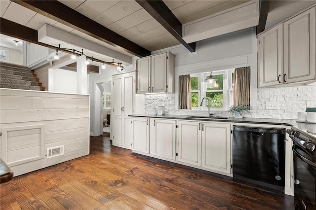 467 Liberty Grove Rd, Alpharetta, GA 30004 - kitchen with black appliances, a sink, backsplash, dark countertops, and dark wood finished floors
