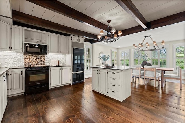 467 Liberty Grove Rd, Alpharetta, GA 30004 - kitchen featuring black appliances, a chandelier, dark wood-style flooring, wooden ceiling with exposed beams, and backsplash