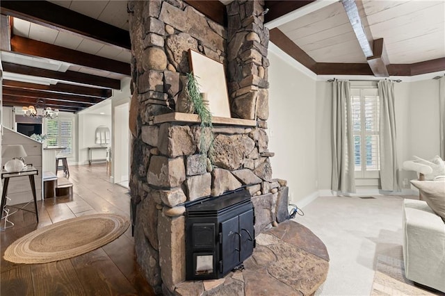 467 Liberty Grove Rd, Alpharetta, GA 30004 - living area with a wood stove, baseboards, and wooden ceiling with exposed beams
