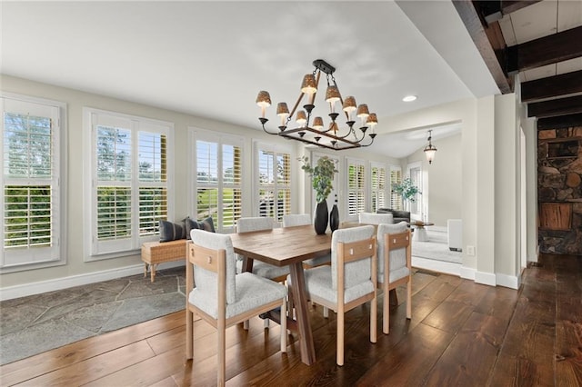 467 Liberty Grove Rd, Alpharetta, GA 30004 - dining room with dark wood finished floors, baseboards, a chandelier, healthy amount of natural light, and recessed lighting