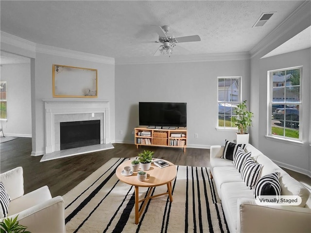 45 Hampton Dr, Cartersville, GA 30121 - living room featuring visible vents, a textured ceiling, ornamental molding, and a ceiling fan