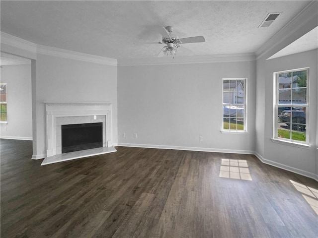 45 Hampton Dr, Cartersville, GA 30121 - unfurnished living room with visible vents, dark wood-type flooring, ceiling fan, ornamental molding, and a textured ceiling