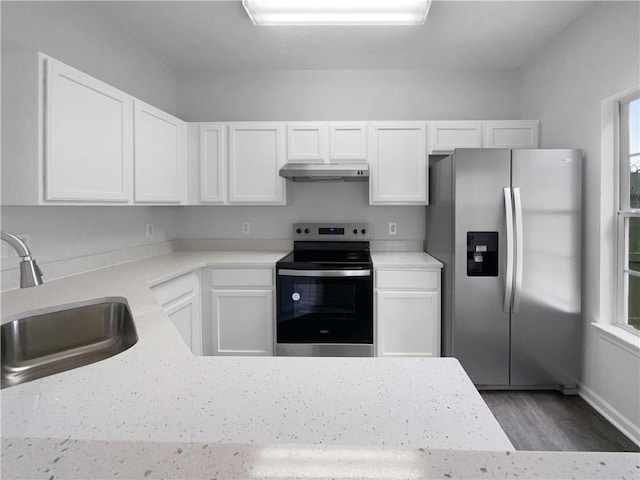 45 Hampton Dr, Cartersville, GA 30121 - kitchen featuring under cabinet range hood, a sink, wood finished floors, stainless steel appliances, and white cabinets