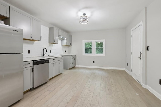 kitchen featuring tasteful backsplash, appliances with stainless steel finishes, sink, and light hardwood / wood-style flooring