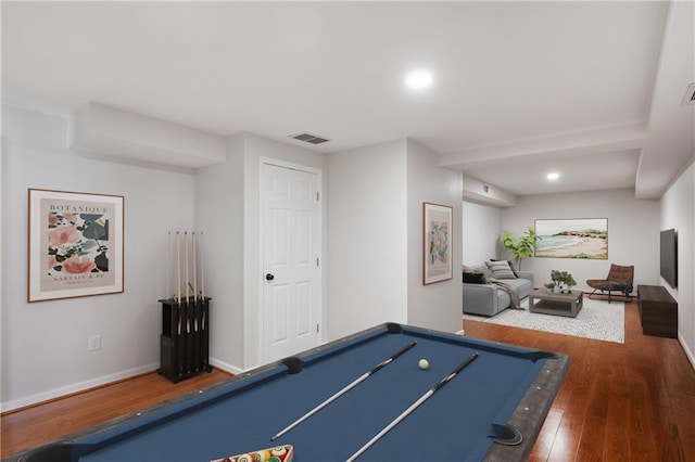 recreation room with recessed lighting, pool table, visible vents, baseboards, and dark wood-style floors