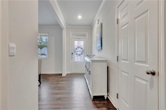 7730 Demeter Dr, Fairburn, GA 30213 - corridor with ornamental molding, dark wood finished floors, and baseboards