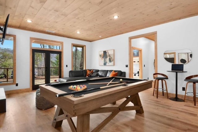 rec room with wood ceiling, french doors, and light wood-type flooring