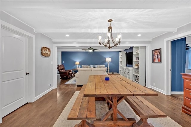 180 Kingston Highway 293 NW, Cartersville, GA 30120 - dining space with beam ceiling, baseboards, wood finished floors, a chandelier, and ceiling fan