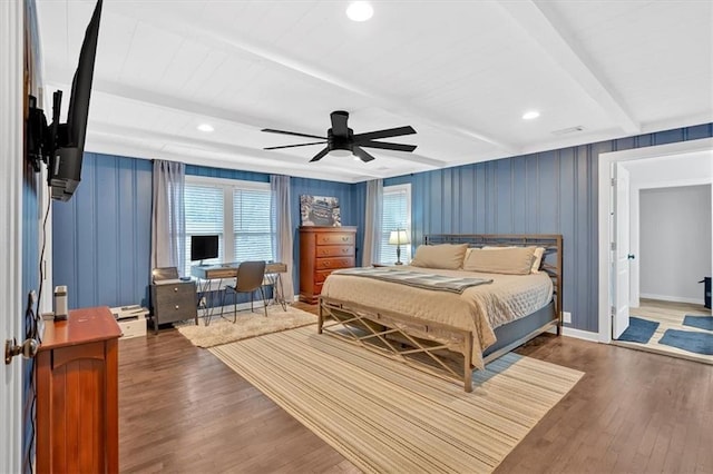180 Kingston Highway 293 NW, Cartersville, GA 30120 - bedroom with wood finished floors, beam ceiling, a desk, ceiling fan, and baseboards