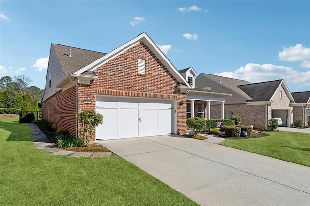 view of front of property with brick siding, a garage, concrete driveway, and a front lawn