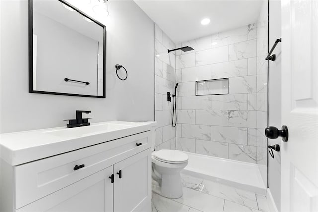 124 Sims Dr, Hiram, GA 30141 - full bath with marble finish flooring, vanity, toilet, tiled shower, and recessed lighting