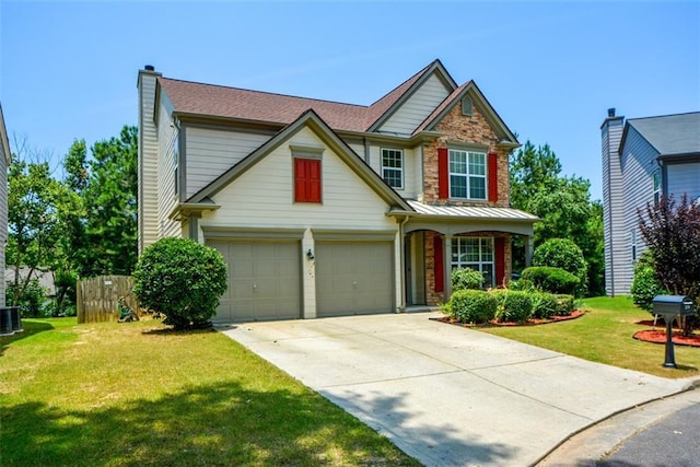 574 Friars Head Dr, Suwanee, GA 30024 - view of front facade featuring a front lawn, a chimney, concrete driveway, an attached garage, and a standing seam roof