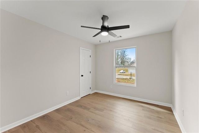 empty room featuring ceiling fan and light hardwood / wood-style flooring