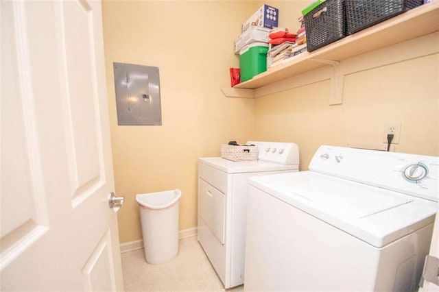 laundry room with electric panel and washing machine and dryer