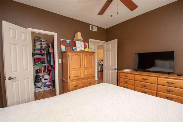 bedroom featuring a walk in closet, ceiling fan, and a closet