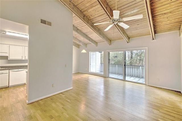 unfurnished living room featuring beam ceiling, wood ceiling, ceiling fan, and light hardwood / wood-style floors