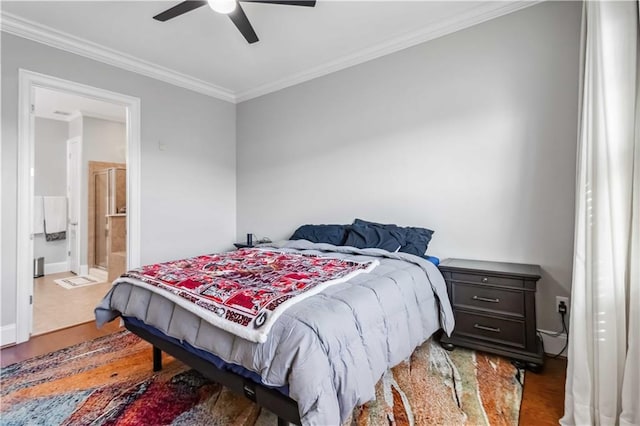 2300 Peachford Rd Unit 1410, Atlanta, GA 30338 - bedroom with ornamental molding, ceiling fan, wood-type flooring, and connected bathroom