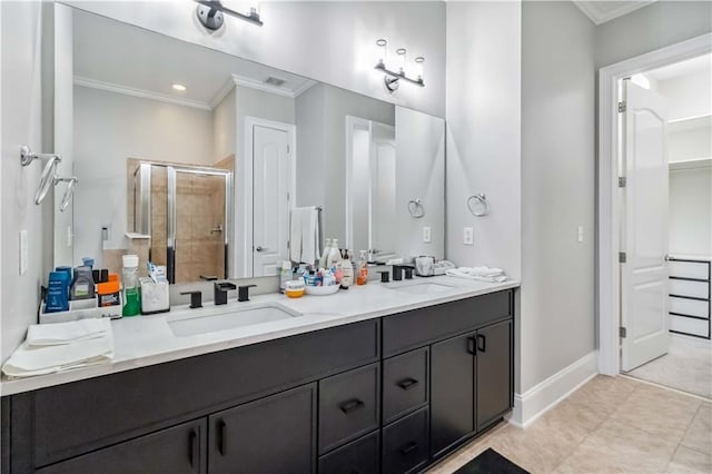 2300 Peachford Rd Unit 1410, Atlanta, GA 30338 - bathroom featuring vanity, tile patterned flooring, ornamental molding, and a shower with shower door